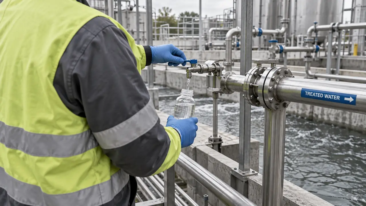 Teknik duke marrë mostër uji në një sistem industrial trajtimi të ujit
