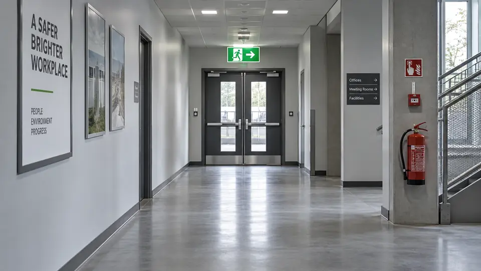 Korridor pune me rrugë evakuimi të lirë, shenjë dalje emergjente dhe dyer dalëse